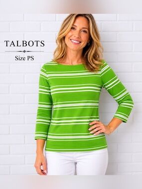 Talbots Petite Striped Top Green White 3/4 Sleeve cotton preppy casual Size PS
